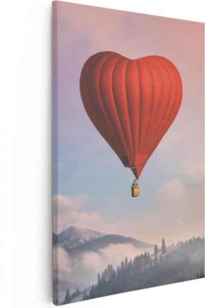 Artaza Canvas Schilderij Hart Luchtballon - 20x30 cm - Klein - Wanddecoratie Zonsondergang - Muurdecoratie Bergen - Schilderijen Op Canvas