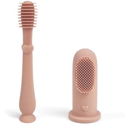 Siliconen Baby Vinger Tandenborstel & Tandenborstel/ Tongschraper met Zuignap – Baby en Peuter - Zalmroze – Vanaf 6 Maanden - Hygiënisch - Duurzaam