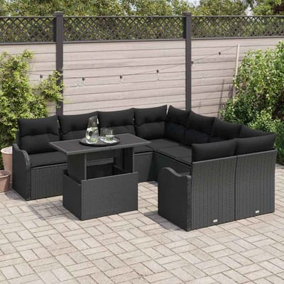 vidaXL Tuinbank Set met kussen met kussen 9 pcs Zwart Polyrattan