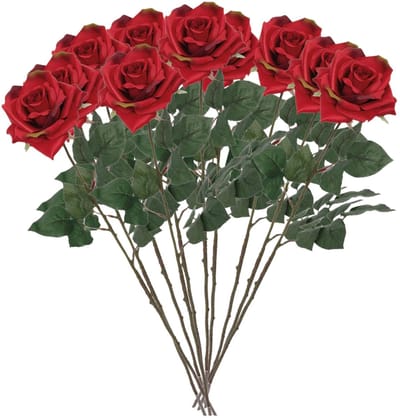 Mica Decorations Kunstbloemen Roos Amore - 10x - 66 cm - rood - zijdebloemen - boeket - rozen