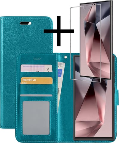 Hoesje - Met Screenprotector - Geschikt voor Samsung Galaxy S24 Ultra - Luxe Pasjeshouder - Bookcase Portemonee - Flip Case - Kunstleer Book Case - Flipcase - Book Cover - Walletcase - Portemonneehoes - Turquoise
