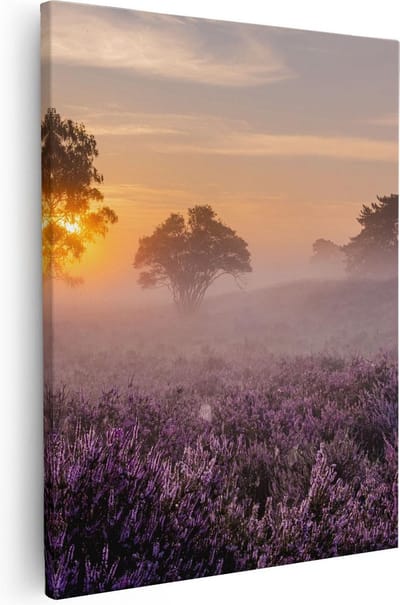 Artaza Canvas Schilderij Zonsondergang - 40x50 cm - Wanddecoratie Heide - Muurdecoratie Landschap - Kamer Accessoires Bomen Mist