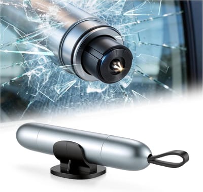 Veiligheidshamer - Gordelsnijder - Noodhamer - 2 in 1 Safety Hammer & Gordelsnijder - Inclusief Testglas & Zelfklevende Houder - Zilver