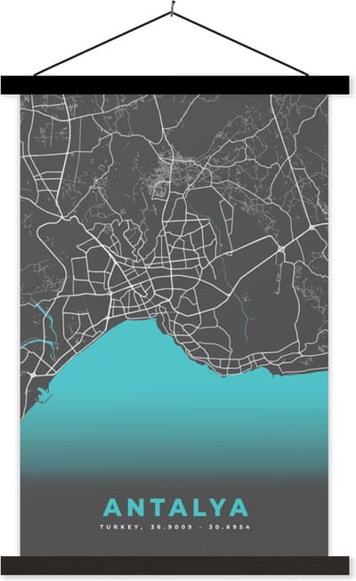 Posterhanger incl. Poster 40x60 cm - Schoolplaat - Antalya - Stadskaart - Plattegrond - Kaart - Blauw - Textielposter - Zwarte latten - Stadskaart