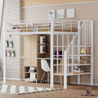 140 x 200 cm hoogslaper - met opbergruimte onder het bed - inclusief trap - kinderbed - wit - zonder matras