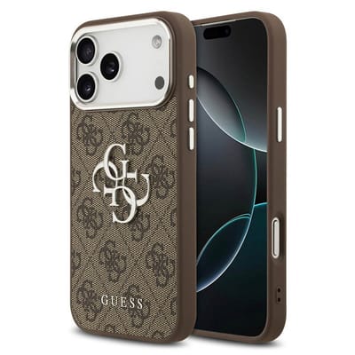 Guess 4G Metal Logo Backcover voor de Apple iPhone 17 Pro - Silver Edge - Brown