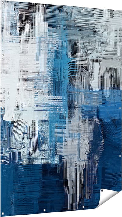 Gards Tuinposter Abstracte Kunst - Blauw Witte Penseelstreken - 120x180 cm - Tuindoek - Tuindecoratie - Wanddecoratie buiten - Tuinschilderij