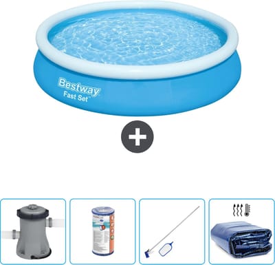 Bestway Rond Opblaasbaar Fast Set Zwembad - 366 x 76 cm - Blauw - Inclusief Pomp Filter - Schoonmaakset - Solarzeil