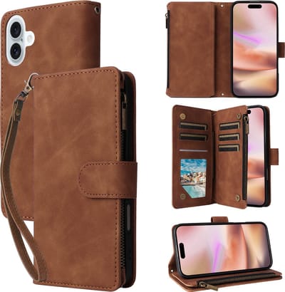 YPCd Wallet Case Pasjeshouder met Rits – Geschikt voor Apple iPhone 16 Plus – Luxe Bookcase Hoesje met 6 Pasjesvakken & Polsbandje – Bruin