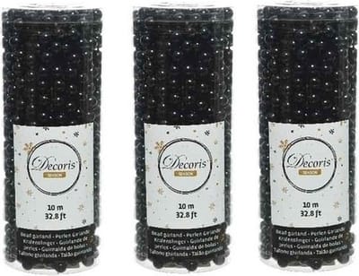 Decoris Kralenslinger - 3x stuks - zwart - 10 meter - kunststof - glans - kerstslinger - kerstversiering