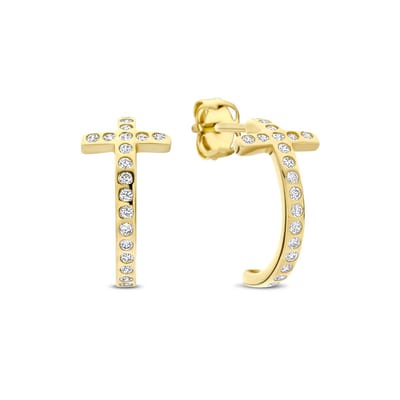 New Bling - 9NBG-0900 - 14K geelgouden Oorknoppen – C-Vorm Kruis met Zirkonia – Dames Oorbellen