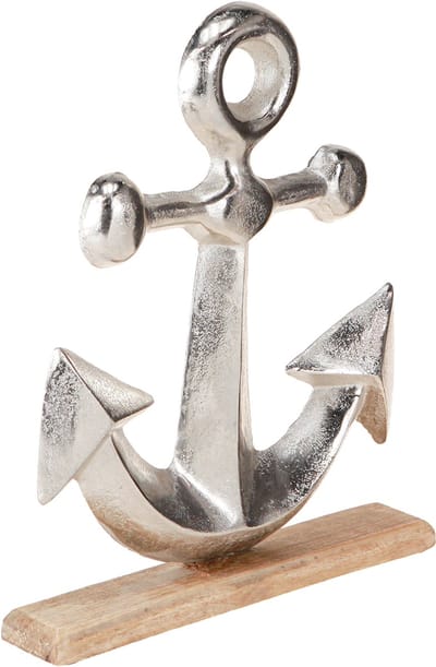 Decoratief anker, metaal en hout in naturel zilver, 25,5 x 5,5 x 31 cm