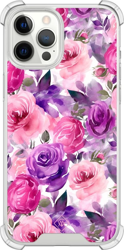 Casimoda® hoesje - Geschikt voor iPhone 12 Pro Max - Rosy Blooms - Shockproof case - Extra sterk - TPU/polycarbonaat - Paars, Transparant
