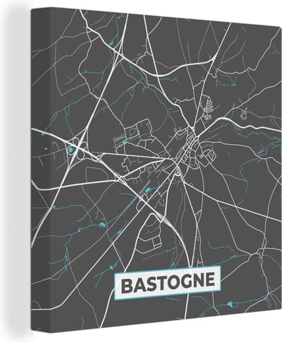 Canvas Schilderij België – Bastogne – Stadskaart – Kaart – Blauw – Plattegrond - 20x20 cm - Wanddecoratie