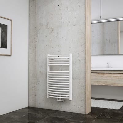 Schulte EP3577550-M 04 designradiator 50 x 75 cm, München rond gebogen met midden onderaansluiting, 376 Watt, alpine-wit, radiator voor de badkamer