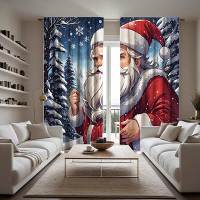 2 stuks HD Kerst Sneeuw Nacht Kerstman decoratief gordijn Blauwe band digitaal bedrukt gordijn Woondecoratie stijl Decoreren l W52H63inchW132H160cm white