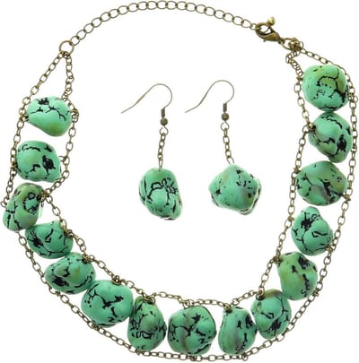 Behave Set choker ketting en oorbellen blauw groen 32 cm