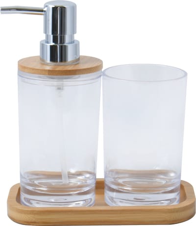 MSV Badkamer accessoires set 3-delig Porto - Bamboe/Kunststof - Transparant - Zeeppompje/beker/schaaltje