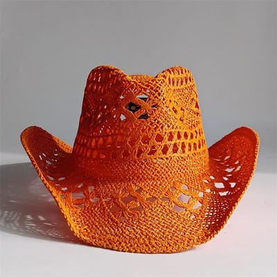 Nouveau Chapeau de Cowboy en Paille Jaune Tressé à la Main Creux pour Hommes et Femmes Chapeau de Soleil d'Été Chapeau de Paille Jazz Chapeau de Cowboy Western Sombrero 55-58CM orange