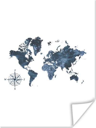 Poster 120x160 cm - Wereldkaart - Blauw - Wit - Posters - Kamer decoratie - Wanddecoratie woonkamer - Muurdecoratie slaapkamer XXL