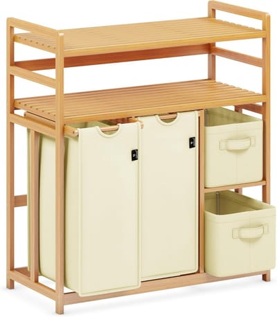 Wasmand met 4 vakken - Kleding sorteren Wasopslag - Kleding sorteren - Met 2 legplanken - 140 liter - Beige