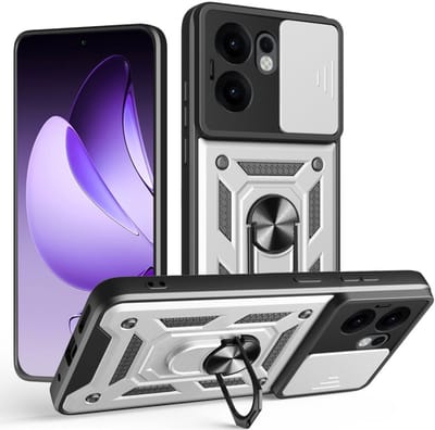 Coverup Hoesje - Geschikt voor OPPO Reno13 F / FS 5G Hoesje - Coverup Armor Ring Kickstand Back Cover met Camera Shield - Zilver