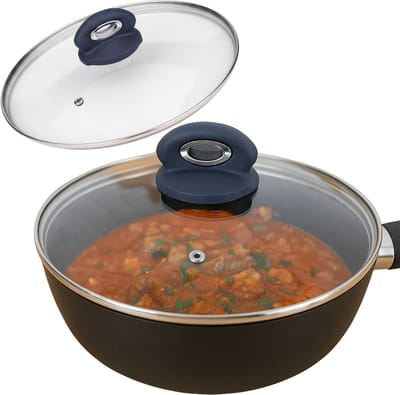 Lomera Glazen Deksel 20 CM - Pannendeksel Glas - Stoomgaatje Deksel - Vaatwasmachinebestendig Deksel - RVS Rand Deksel - Soft-Touch Knop - Chromen Inzet - PFOA-vrij - Pandeksel - Pannendeksel