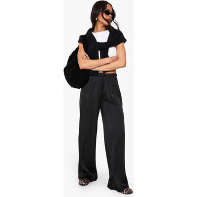boohoo Dames Satijn Touwsluiting Vloeibare Broek met Wijde Pijp | Zwart | Maat: 34