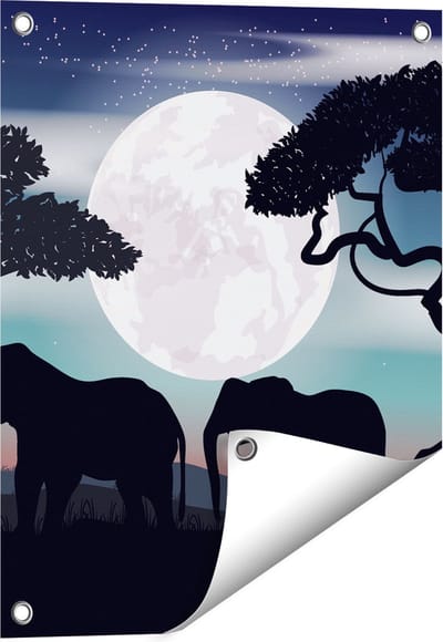 Gards Tuinposter Olifanten Silhouet tijdens Volle Maan - 40x50 cm - Tuindoek - Tuindecoratie - Wanddecoratie buiten - Tuinschilderij