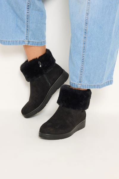 Yours Zwarte Imitatiesuède Bont Enkellaarsjes In Brede Epasvorm Size 37EEE