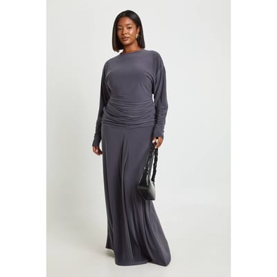boohoo Dames Plus Maxi Rok Met Gerimpelde Voorkant | Leisteengrijs | Maat: 44