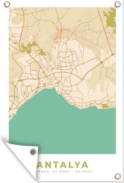 Muurdecoratie Antalya - Kaart - Stadskaart - Plattegrond - Vintage - 120x180 cm - Tuinposter - Tuindoek