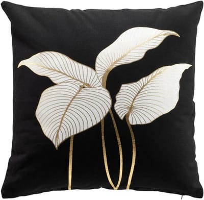 Cushion 45 x 45 cm met zwarte en gouden bladeren, plantenpatroon, katoen met rits en vulling, moderne kussen voor bank of stoel