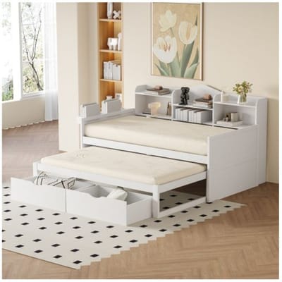 Canapé-lit - MUVOE - 90x200 cm - Blanc - Lit gigogne 90x190 cm - Rangement intégré blanc