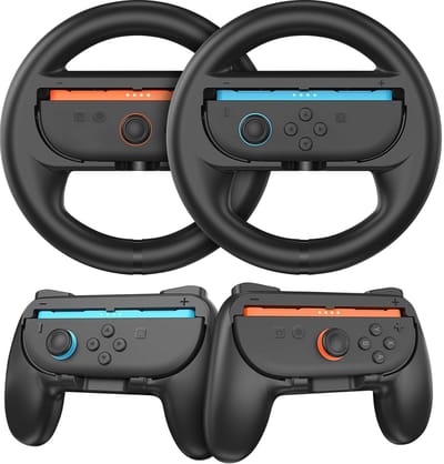 OneGamer® - Stuur en Controller Grip Set – Allen Geschikt voor Nintendo Switch 2 Joy-Con – voor Mario Kart Game – Zwart - 4 stuks