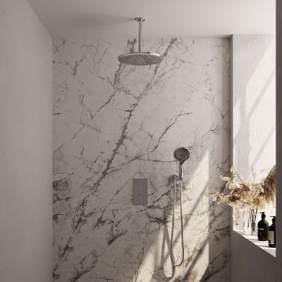 Brauer Chrome Carving thermostatische inbouw regendouche 3-weg omstelling SET 36 met 30 cm douchekop en plafondarm en 3-standen handdouche en doucheslang en wandaansluitbocht chroom