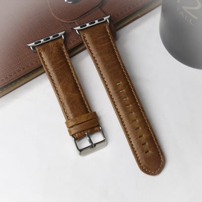 By Qubix - Geschikt voor Apple Watch bandje - Retro leren bandje - Lichtbruin - Geschikt voor Apple Watch 44mm / 45mm / 46mm / 49mm (Ultra 1,2 en 3) - leren smartwatchbandje - Horlogebandje