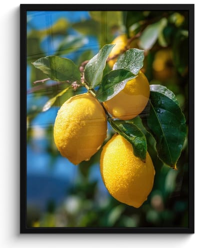 Poster in lijst - Fotolijst 50x70 cm - Posters - Citroenen - Bladeren - Blauwe lucht - Posterlijst zwart - Decoratie - Wanddecoratie woonkamer - Muurdecoratie slaapkamer