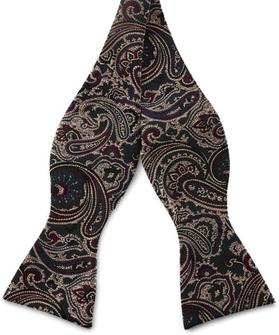 Zijden zelfbinder vlinderdas met donkerblauw en donkergroen paisleymotief