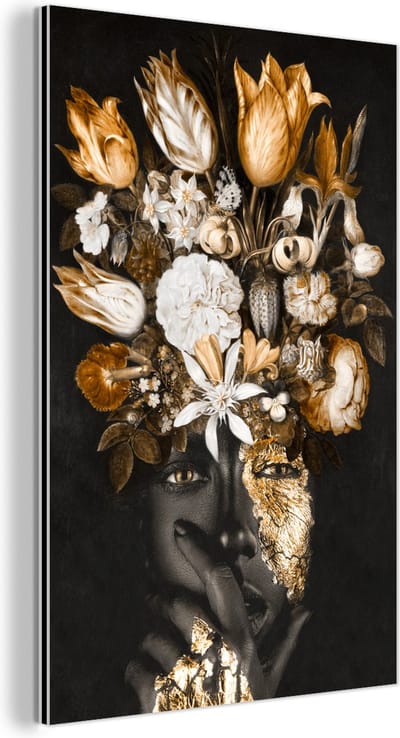 Wanddecoratie Metaal - Aluminium Schilderij Industrieel - Vrouw - Bloemen - Goud - 120x180 cm - Dibond - Foto op aluminium - Industriële muurdecoratie - Voor de woonkamer/slaapkamer