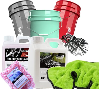 ValetPro Autowasset bestaande uit; 3 x 5 gallon 19 ltr wasemmer, 2 x grit guard grit zwart, 1000 ml dragon's Breath, 1000 ml shampoo, WashMitt, Droogdoek