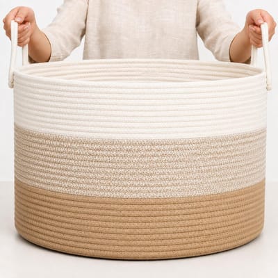 XXL katoenen dekenmand, touw opbergmand voor speelgoed, was en kinderkamer - 50x33cm - 3 tinten honing