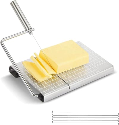 Verstelbare kaas snijder met draad, kaas slicer met opbergrek en meetrooster, roestvrij staal, vaatwasserbestendig, ideaal voor blokkaas en nauwkeurige sneden