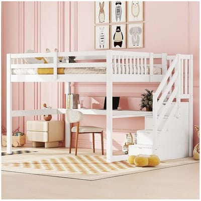 Merax Kinderhoogslaper 140 x 200 cm met 4 opberglades en bureau, grenenhout, wit