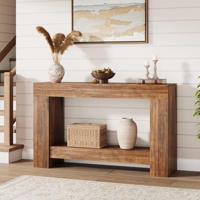 Consoletafel 120 cm, consolemeubel, lange haltafel met twee niveaus en opbergruimte, landelijke stijl, 128 x 38 x 19 cm, bruin