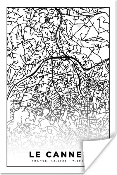 Poster Kaart - Plattegrond - Le Cannet - Frankrijk - Stadskaart - Zwart wit - 120x180 cm XXL