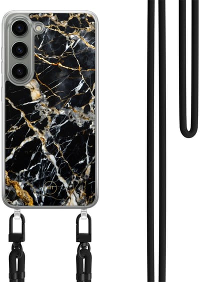 Hoesje met koord geschikt voor Samsung Galaxy S23 - Black marble elegance - Inclusief Zwart koord - Crossbody beschermhoes - Transparant, Zwart, Goud - Mooie Telefoonhoesjes