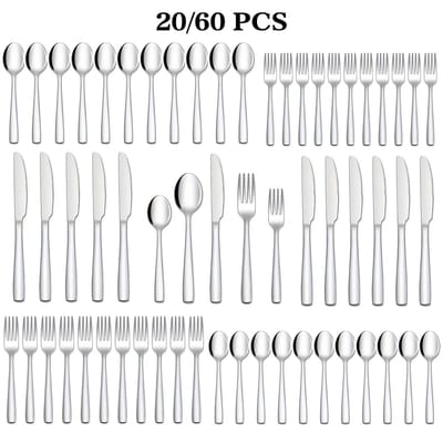 BESTEKSET- 60 -Delige Roestvrijstalen Bestekset voor 12 personen-Vaatwasmachinebestendig voor thuis-Restaurant, Bruiloft, Feest, Perfect voor families- Reizen- Verjaardagscadeaus-ZILVER.
