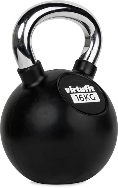 VirtuFit Kettlebell - Rubber/Chroom - 16 kg - Zwart - Sport Gewicht - Duurzaam Design - Ergonomische Handgreep - Geschikt voor CrossFit & Fitness - Conditietraining