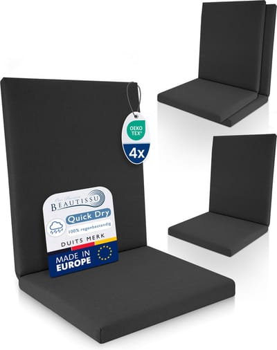 Beautissu QD-NL – Set van 4 Premium Tuinstoelkussens Lage Rug 105x48 cm – 100% Waterdicht – Weerbestendig – Sneldrogend – UV-bestendig – Antraciet